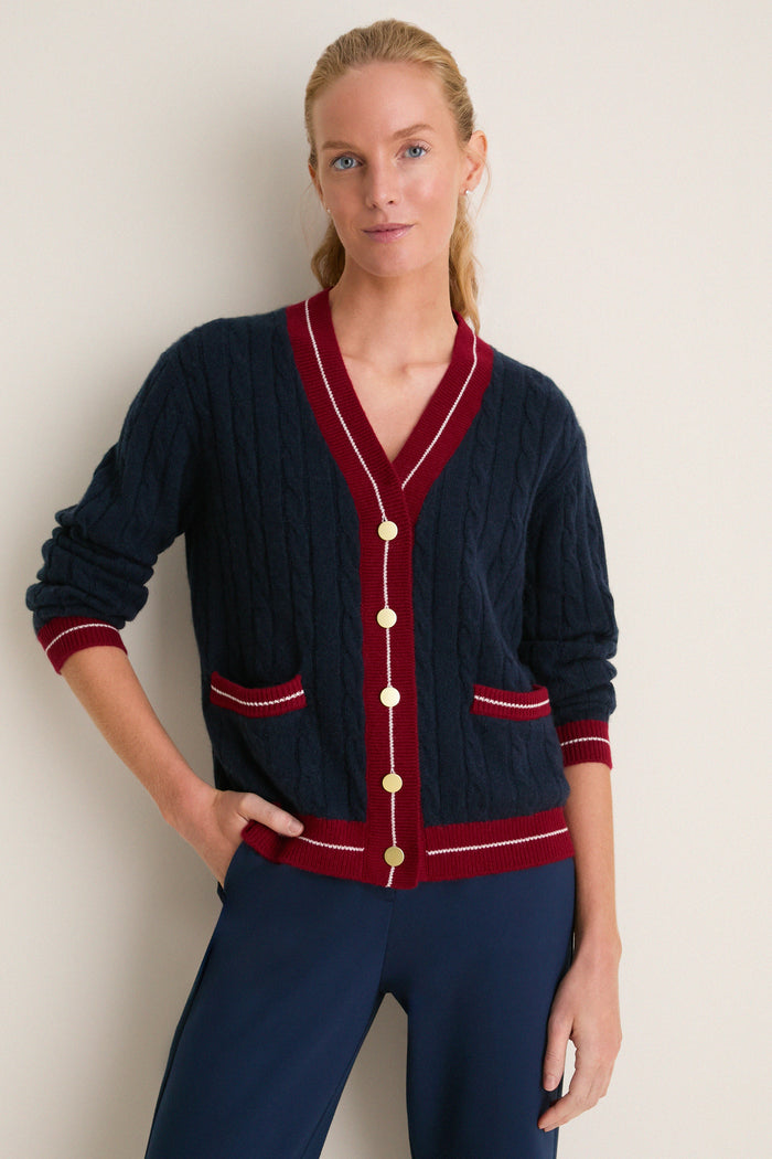 Navy and Red Washable Cashmere Charley Cardigan