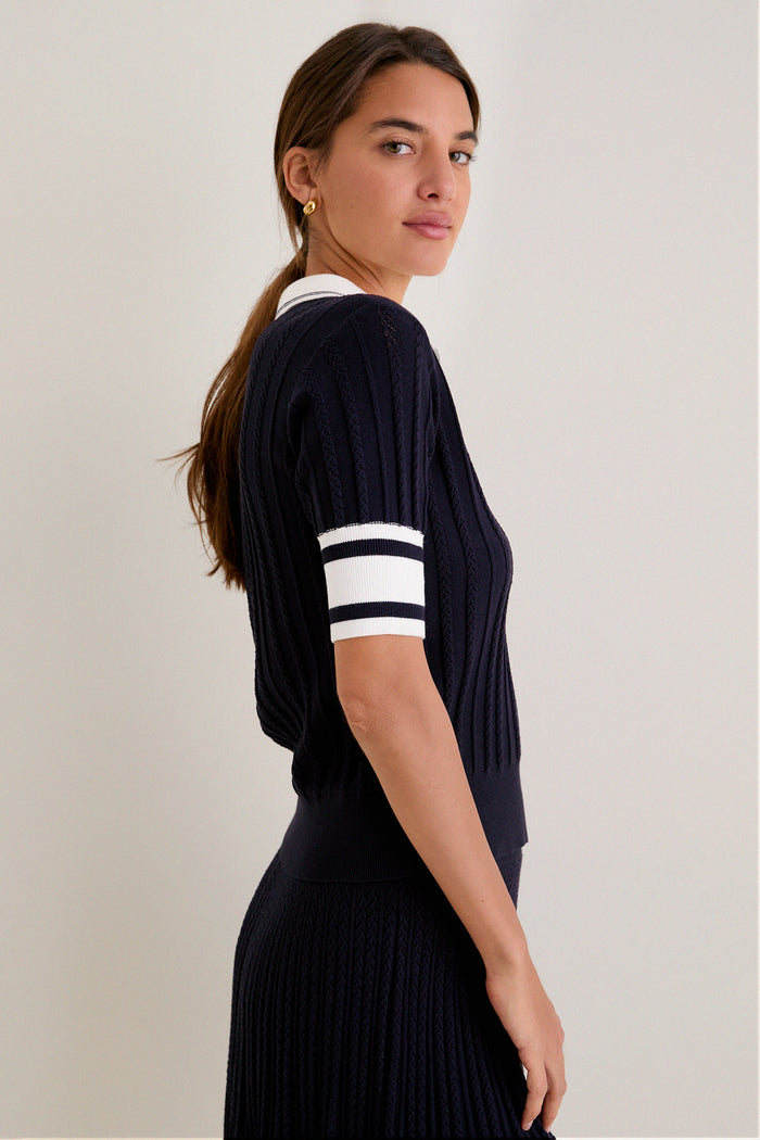 Navy and White Patty Pointelle Knit Sweater Polo