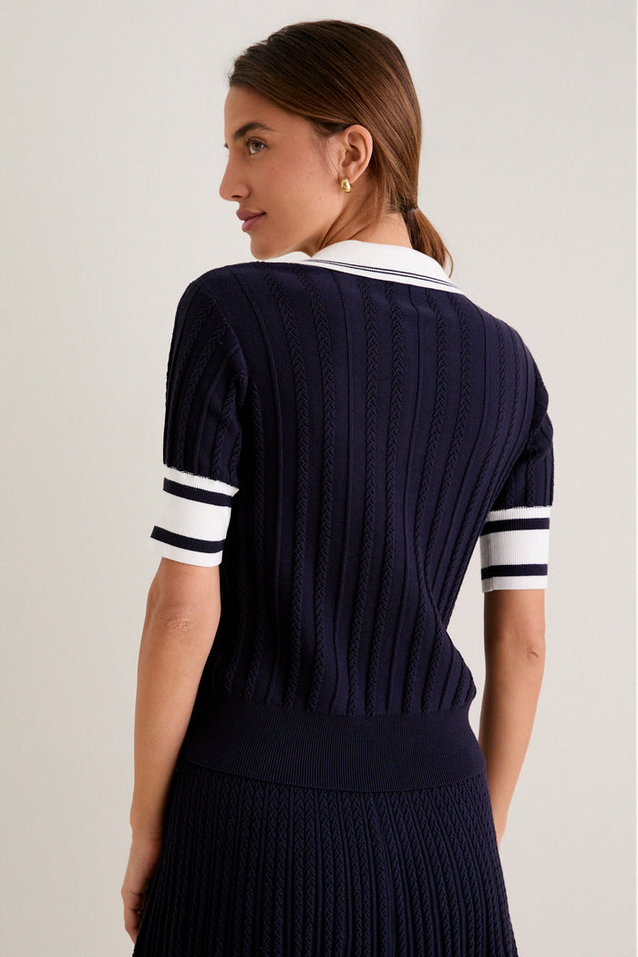 Navy and White Patty Pointelle Knit Sweater Polo
