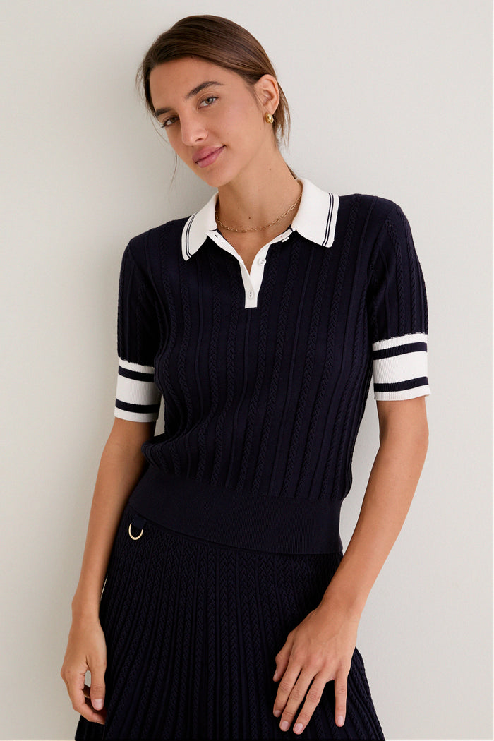 Navy and White Patty Pointelle Knit Sweater Polo