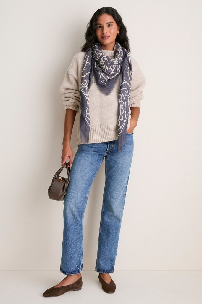Navy Bandana Silk Cashmere Blend Large Scarf
