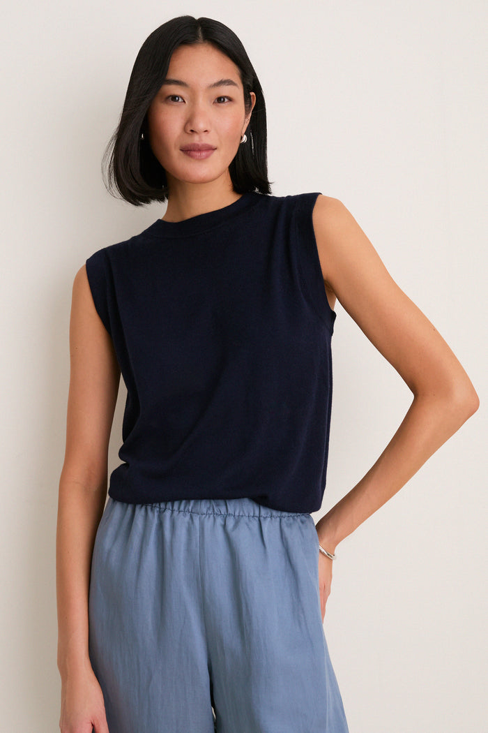 Navy Cashmere Silk Sleeveless Ava Shell