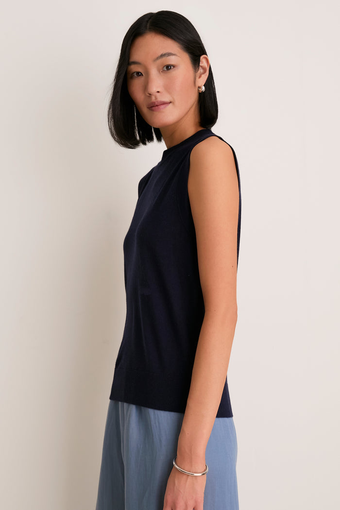 Navy Cashmere Silk Sleeveless Ava Shell