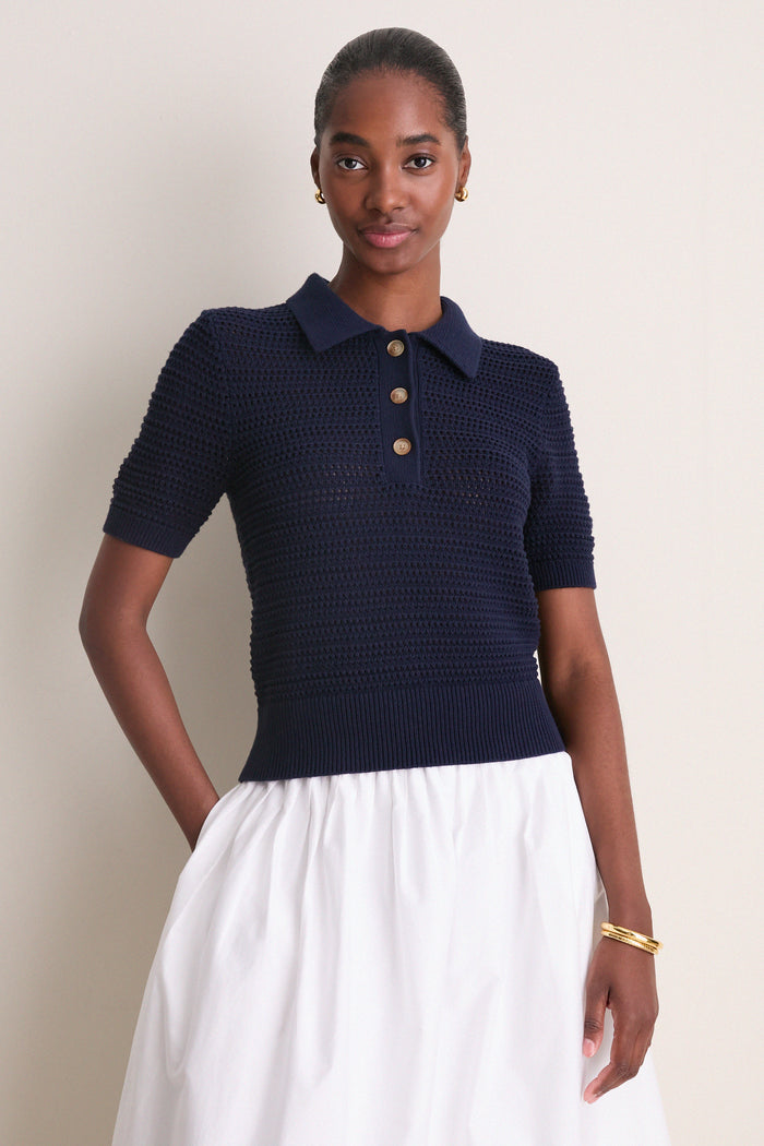 Navy Crochet Cotton Asher Polo