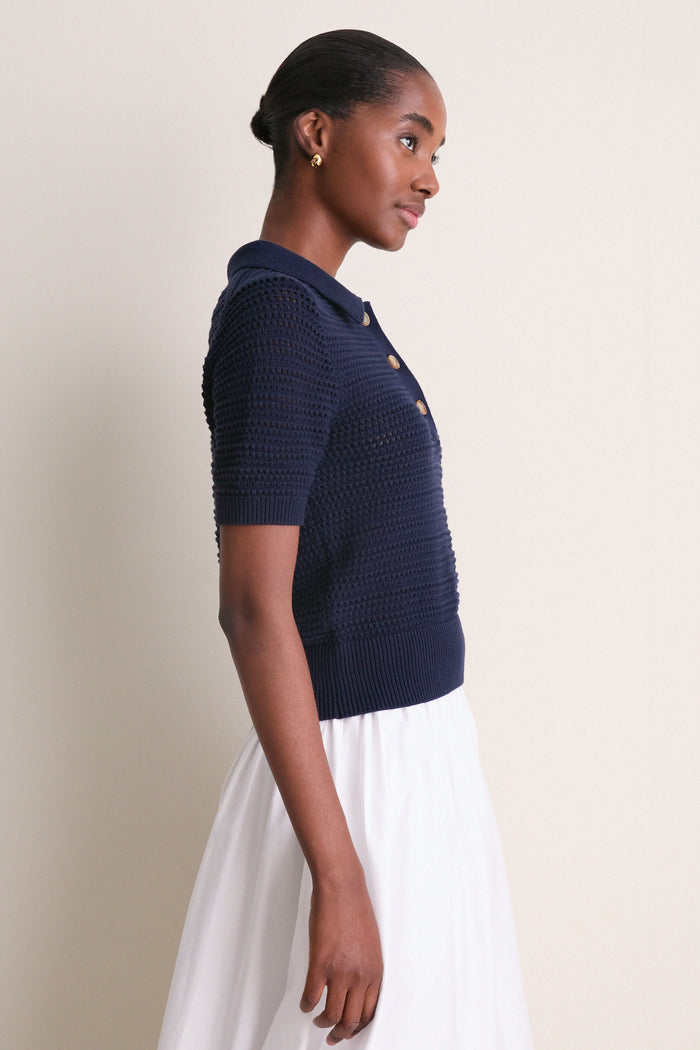 Navy Crochet Cotton Asher Polo