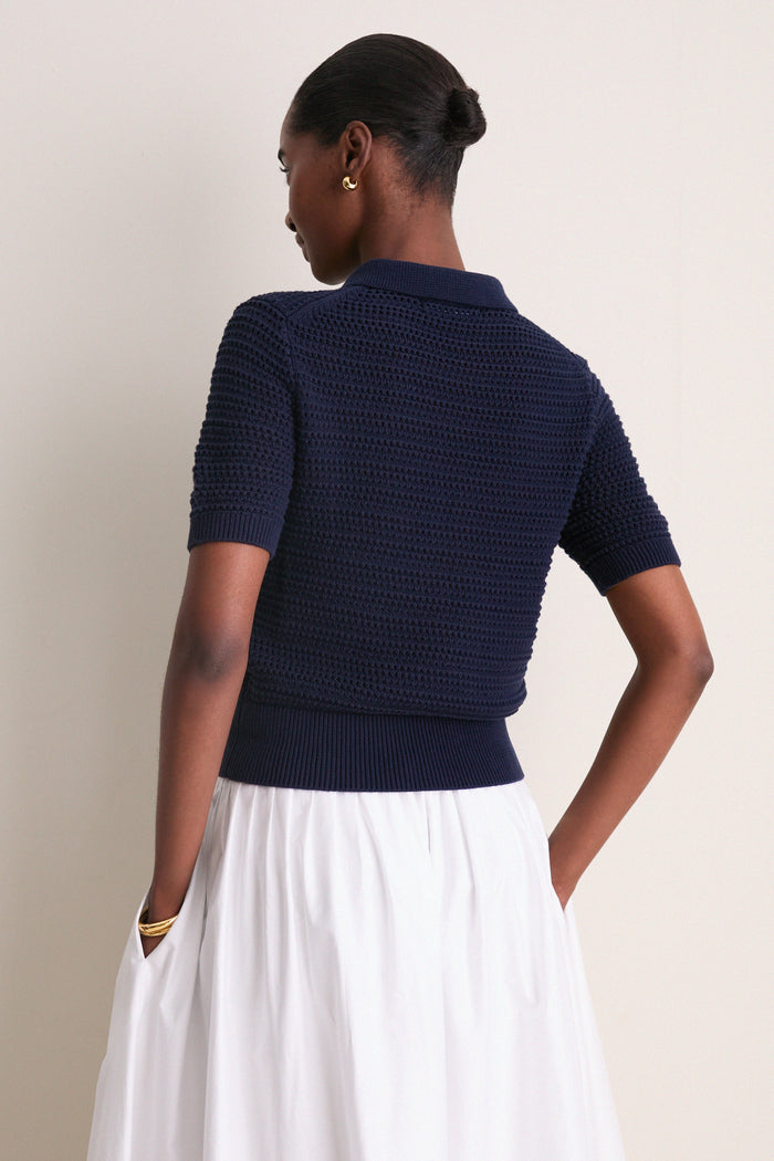 Navy Crochet Cotton Asher Polo