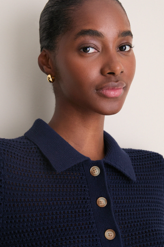 Navy Crochet Cotton Asher Polo