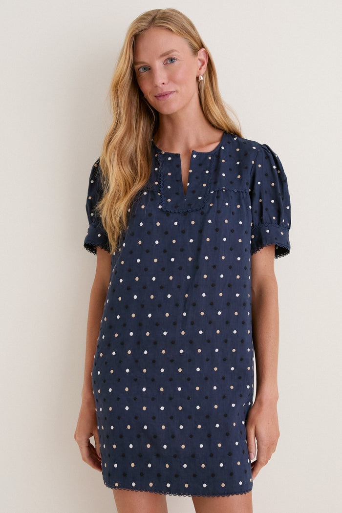 Navy Embroidered Dot Linen Bridget Dress