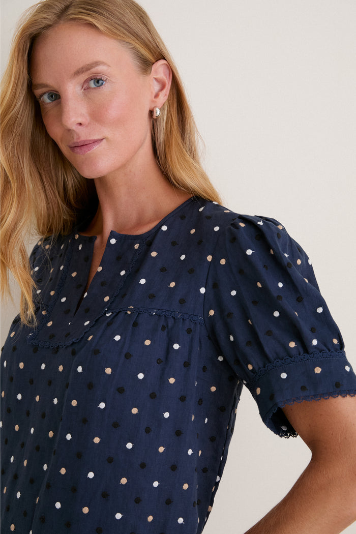 Navy Embroidered Dot Linen Bridget Dress