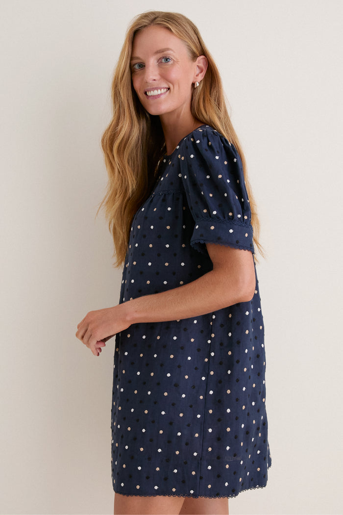 Navy Embroidered Dot Linen Bridget Dress