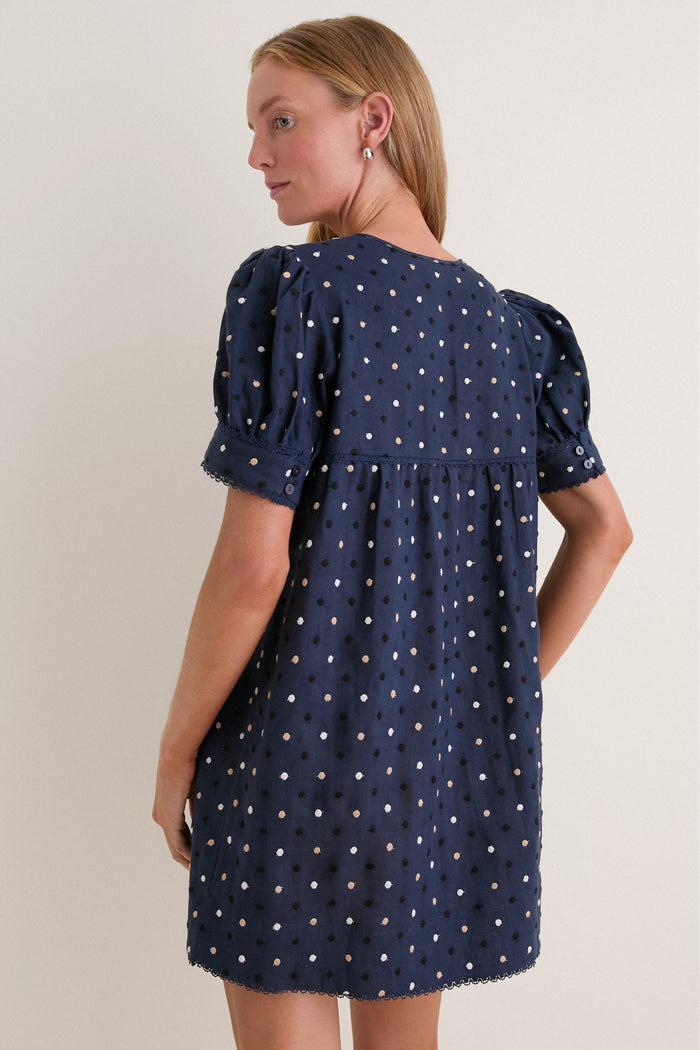 Navy Embroidered Dot Linen Bridget Dress