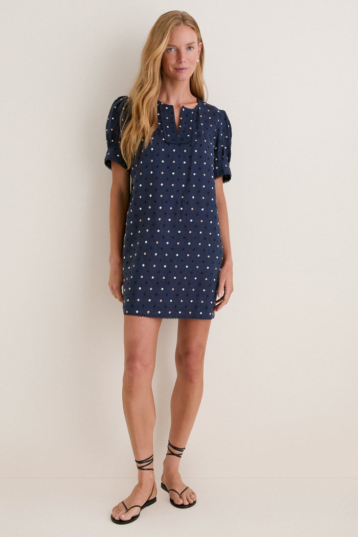 Navy Embroidered Dot Linen Bridget Dress