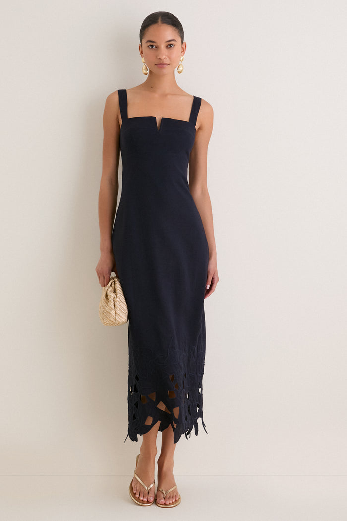 Navy Embroidered Linen Alma Midi Dress