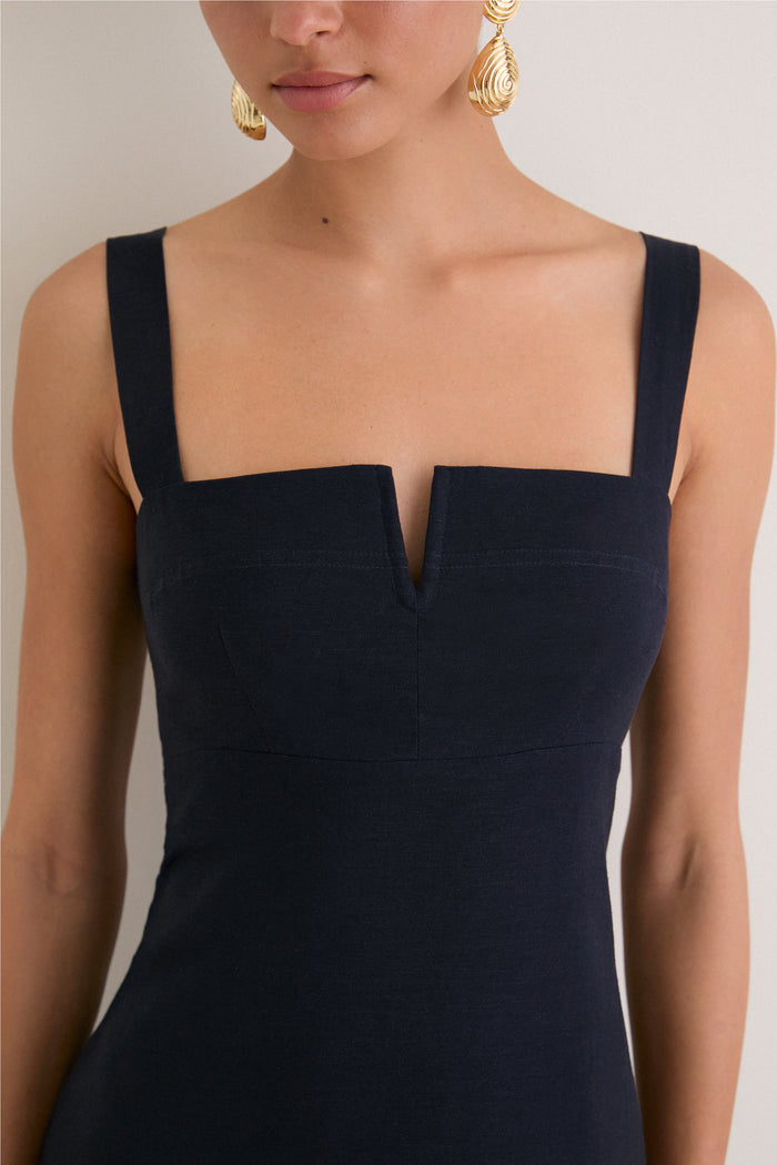 Navy Embroidered Linen Alma Midi Dress