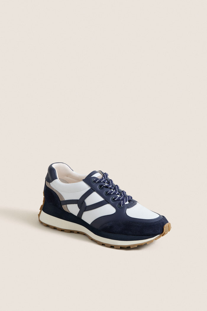 Navy Multi Valentina Sneakers: A classic, high-end low-top sneaker with navy suede overlays and patterned laces, offering effortless style and fun for everyday comfort and mobility.