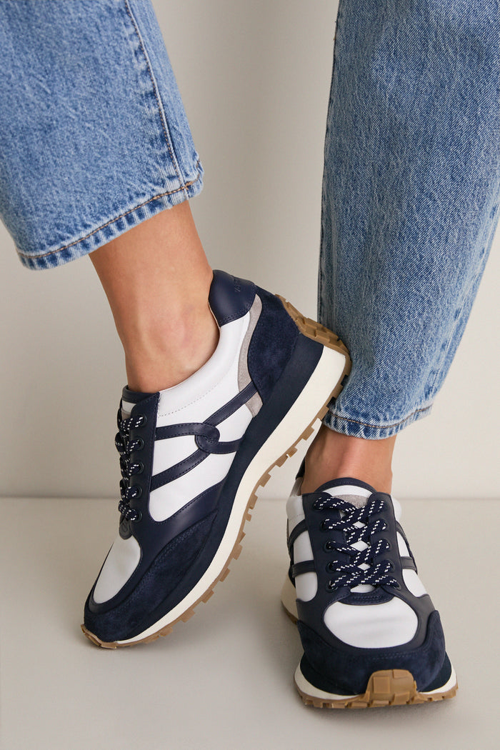 Classic Navy Multi Valentina Sneakers, effortlessly combining sporty chic with high-end details like suede accents and patterned laces, perfect for fun, everyday wear.