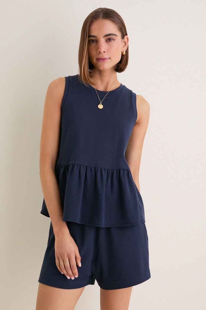Navy Pique Mercer Peplum Top