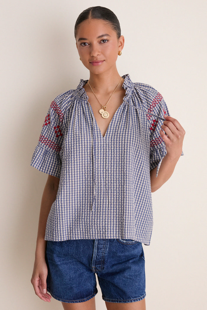 Navy Prism Embroidered Gingham Cassis Top