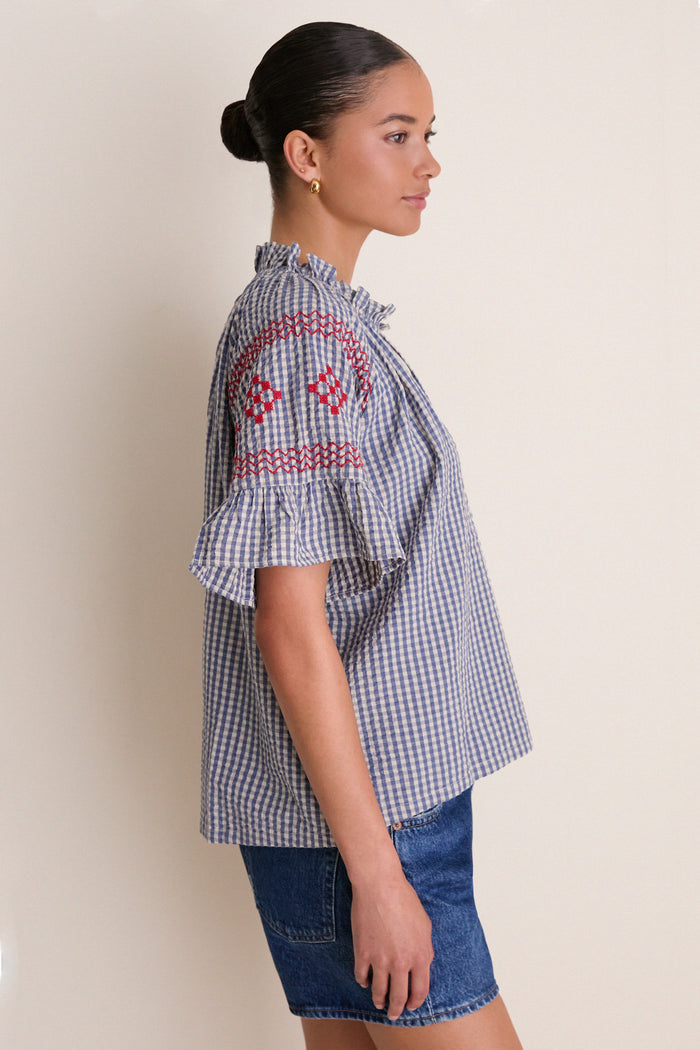 Navy Prism Embroidered Gingham Cassis Top