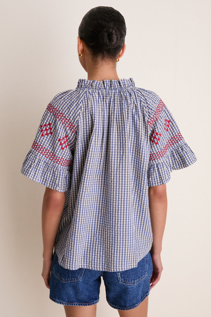 Navy Prism Embroidered Gingham Cassis Top
