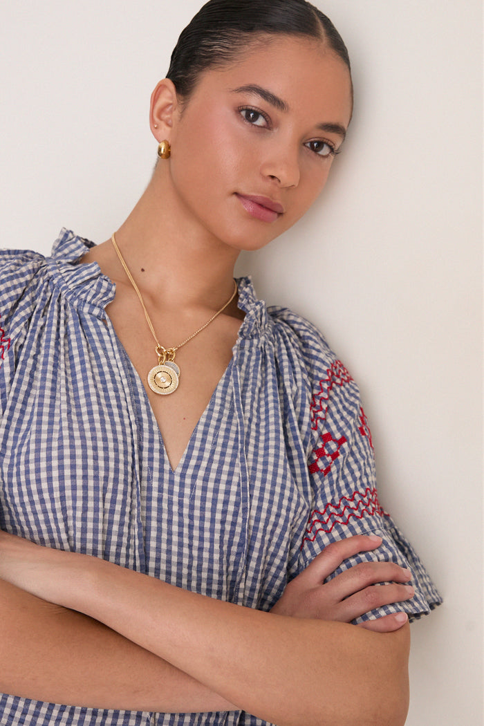 Navy Prism Embroidered Gingham Cassis Top