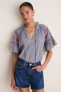 Navy Prism Embroidered Gingham Cassis Top