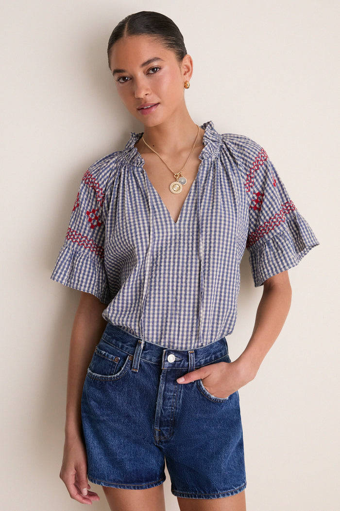 Navy Prism Embroidered Gingham Cassis Top