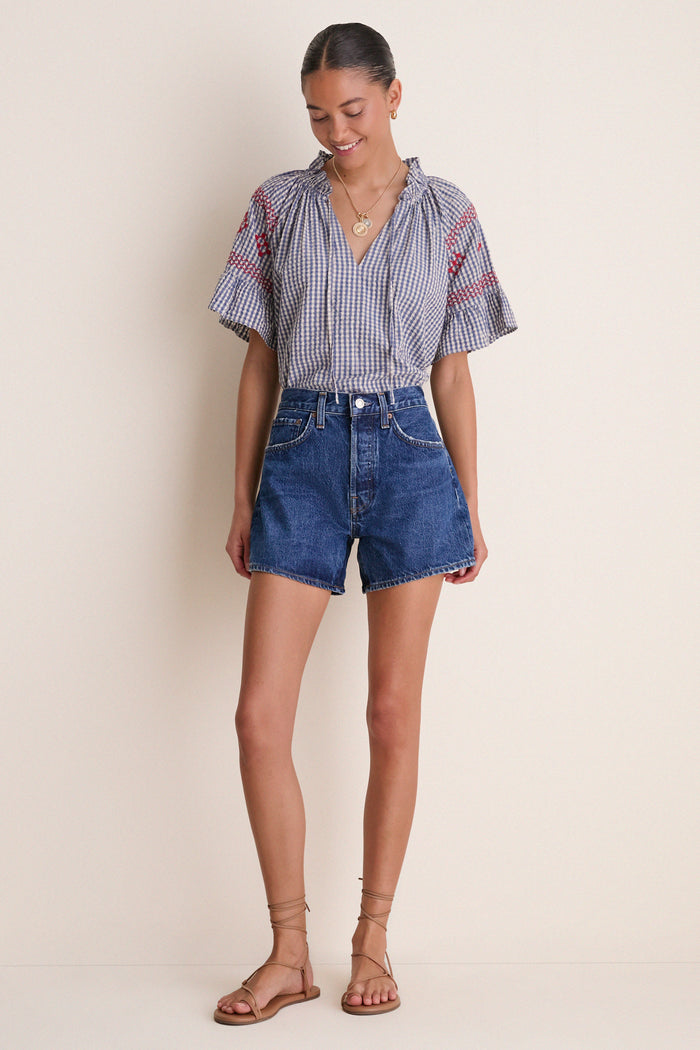 Navy Prism Embroidered Gingham Cassis Top