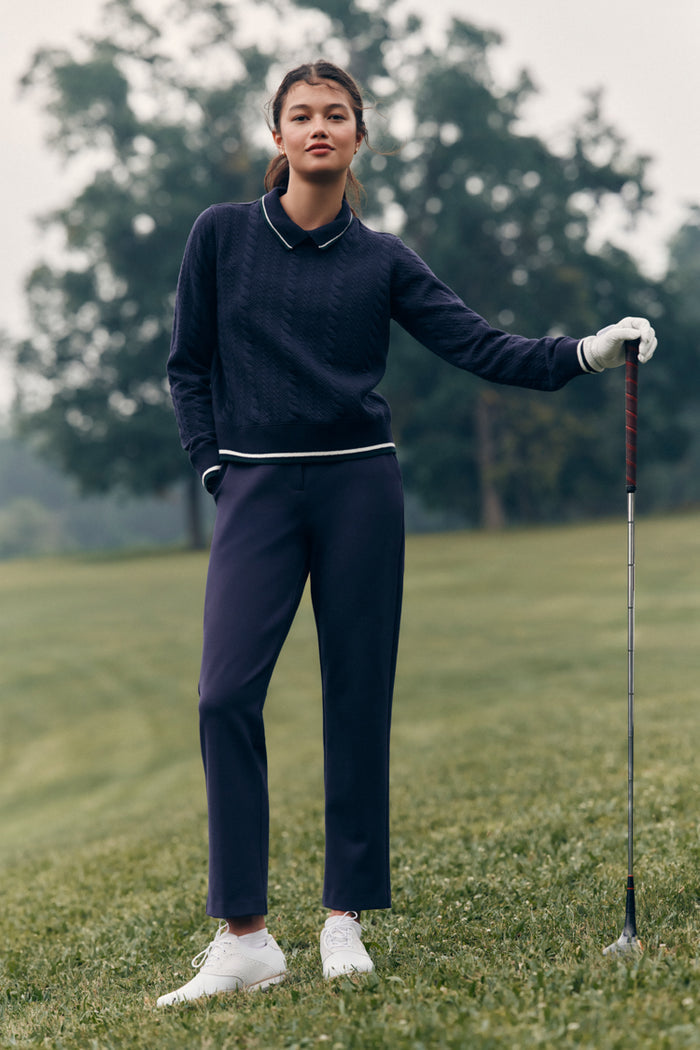 Navy Quilted Stretch Collared Colleen Pullover