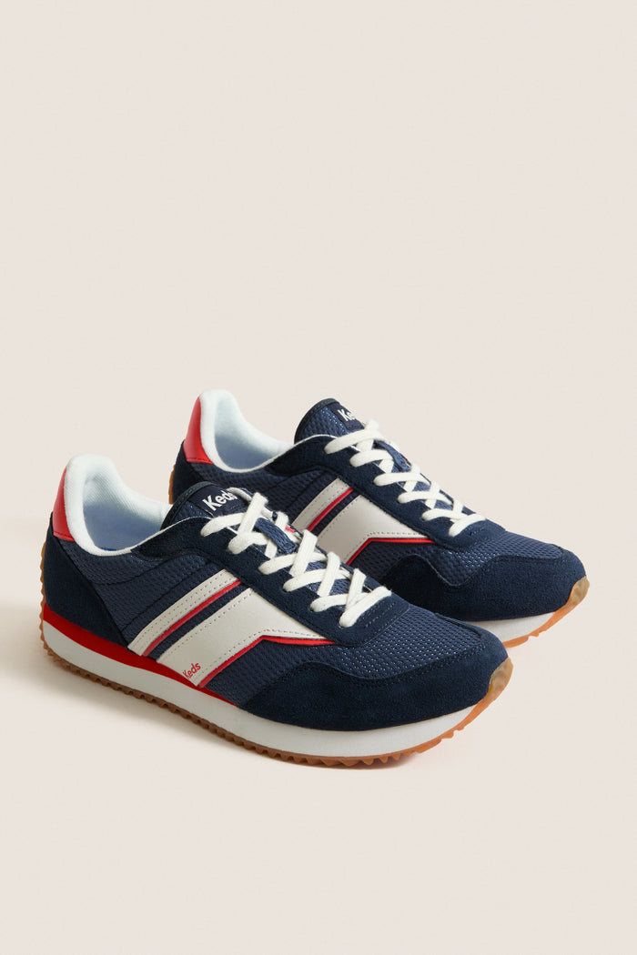 Navy, Red and White Rena Sneakers: classic low-profile design with mesh and suede, white laces, gum-rubber outsole. Effortless and fun, ideal for high-end casual wear.