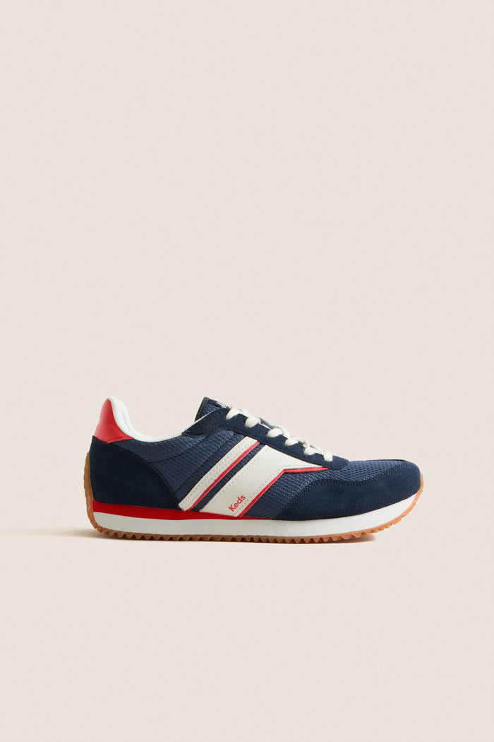 Navy, Red and White Rena Sneakers showcase a classic, effortless retro style with mesh and suede detailing, perfect for fun, high-end casual outings.