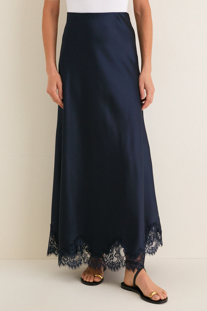 Navy Satin Mischa Slip Skirt