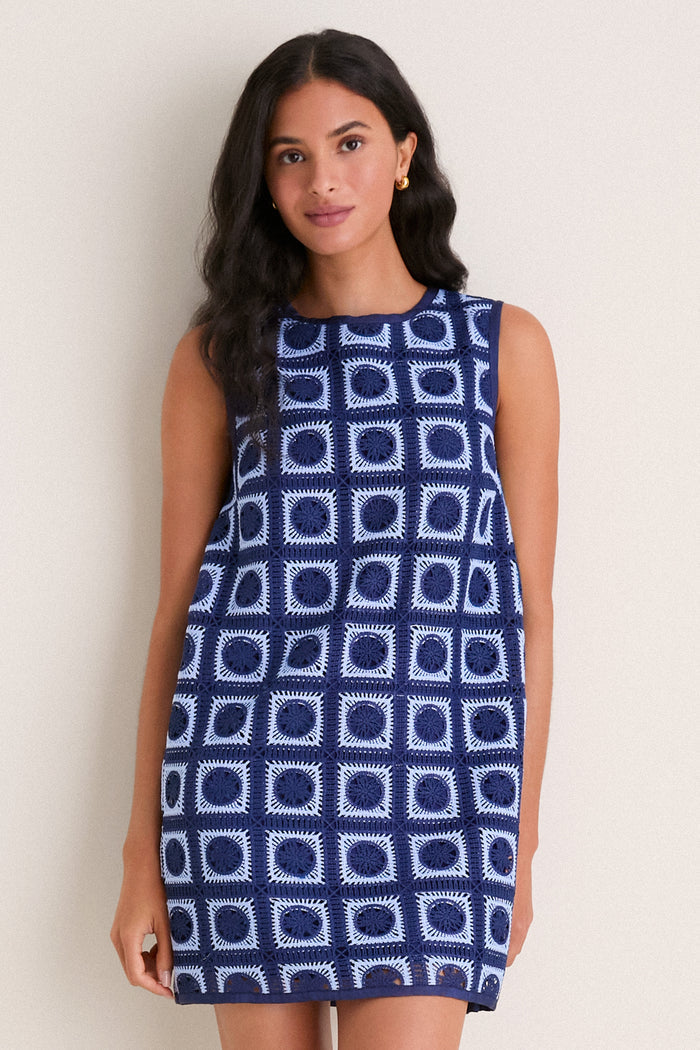 Navy & Sky Blue Crochet Calabash Mini Dress