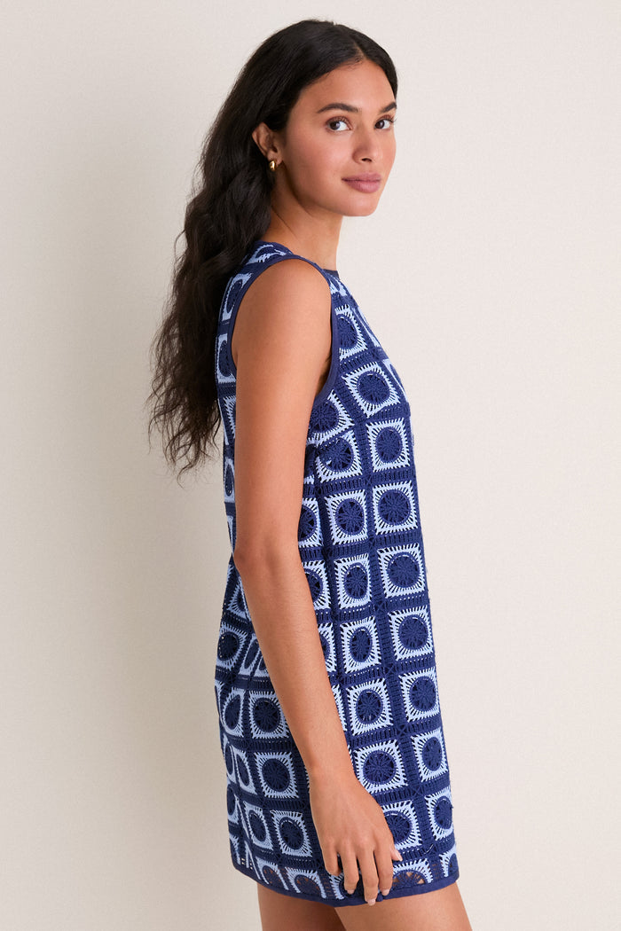 Navy & Sky Blue Crochet Calabash Mini Dress