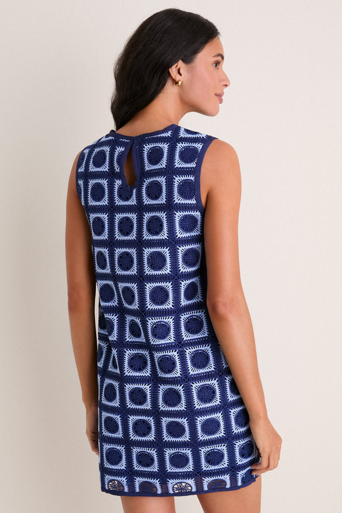 Navy & Sky Blue Crochet Calabash Mini Dress