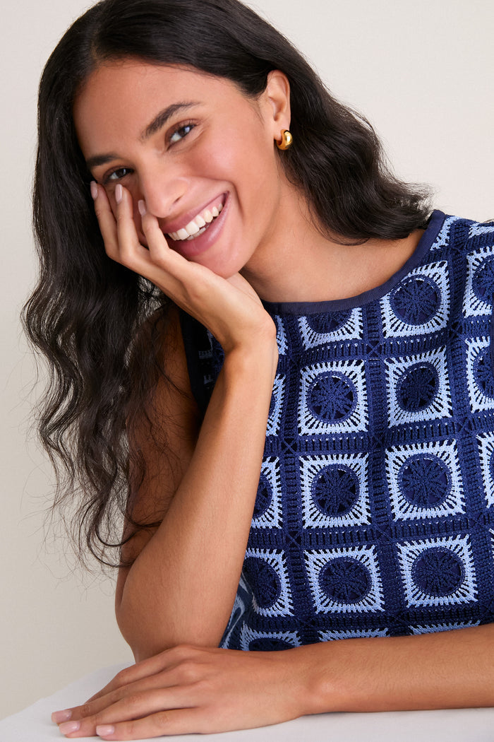 Navy & Sky Blue Crochet Calabash Mini Dress