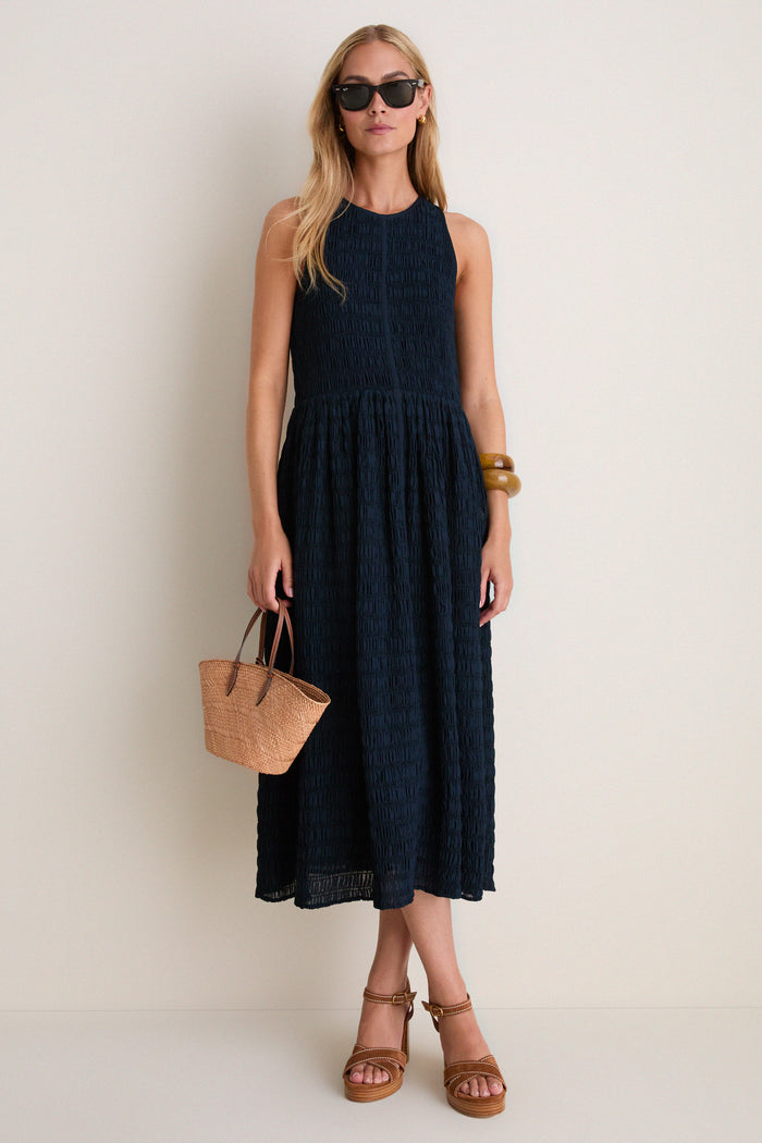 Navy Smocked Chiffon Vanetta Midi Dress