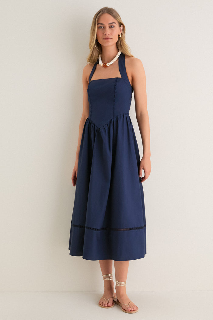Navy Square Neck Halter Midi Dress