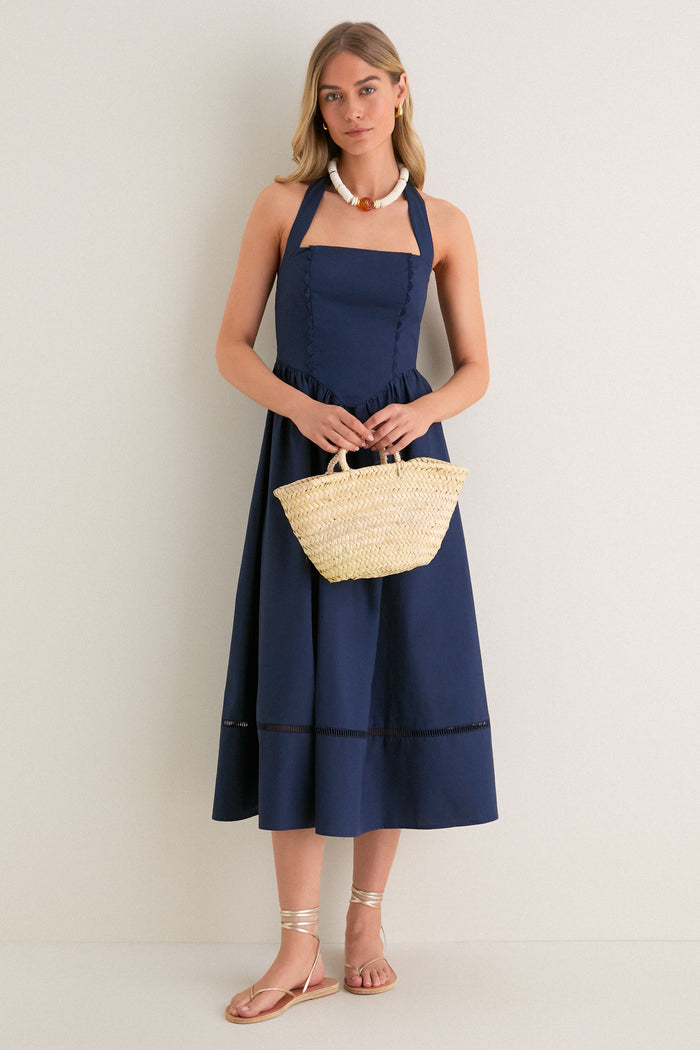 Navy Square Neck Halter Midi Dress