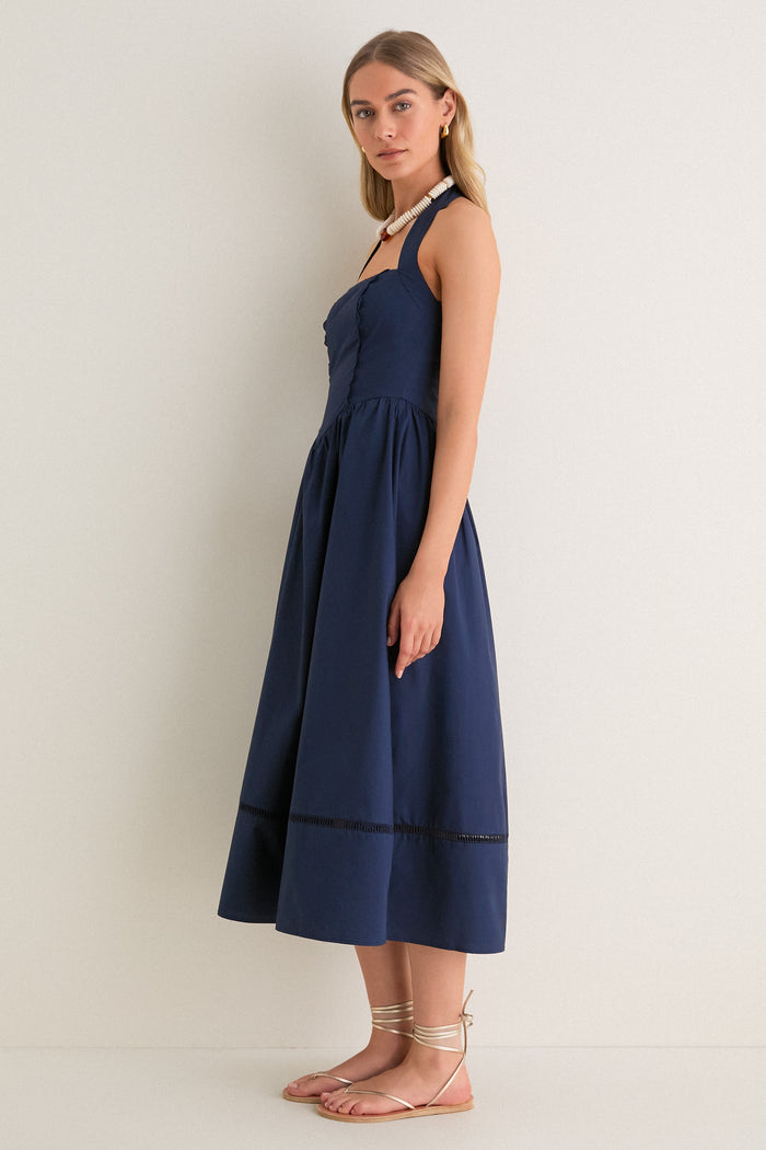 Navy Square Neck Halter Midi Dress