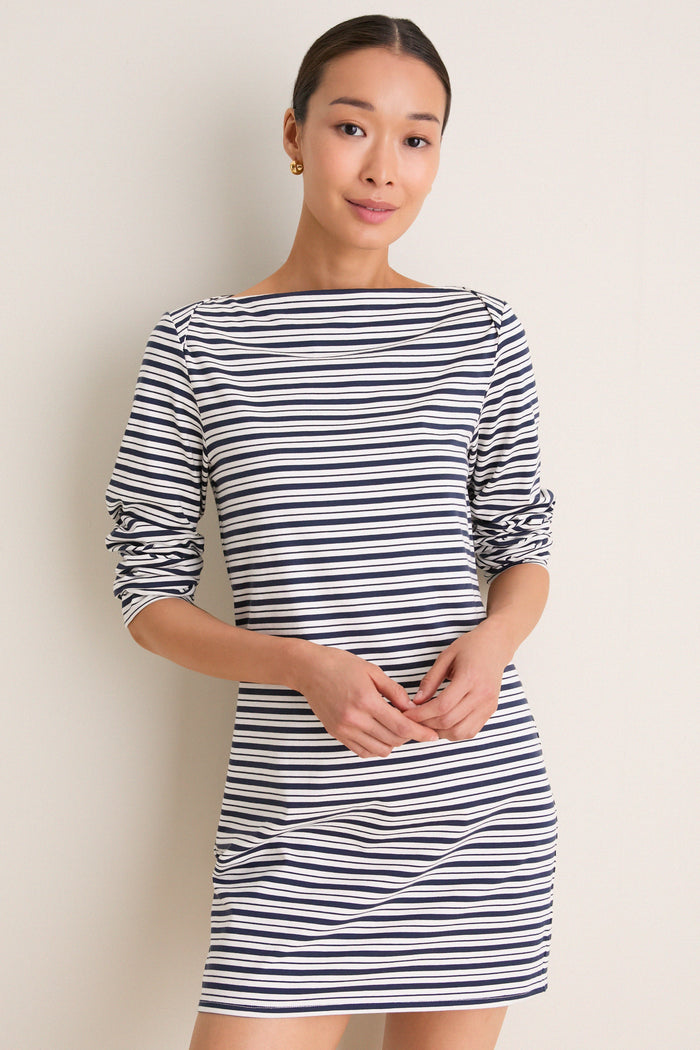 Navy Stripe Boatneck Tuzzi Mini Dress