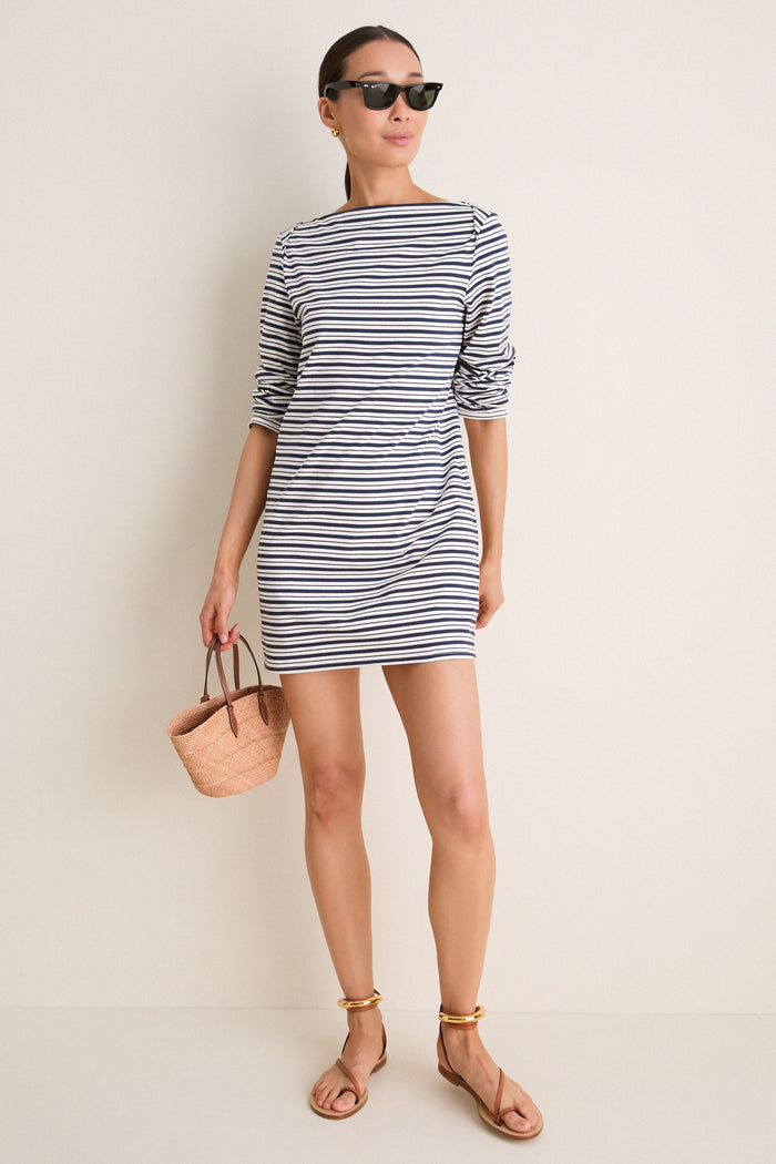 Navy Stripe Boatneck Tuzzi Mini Dress