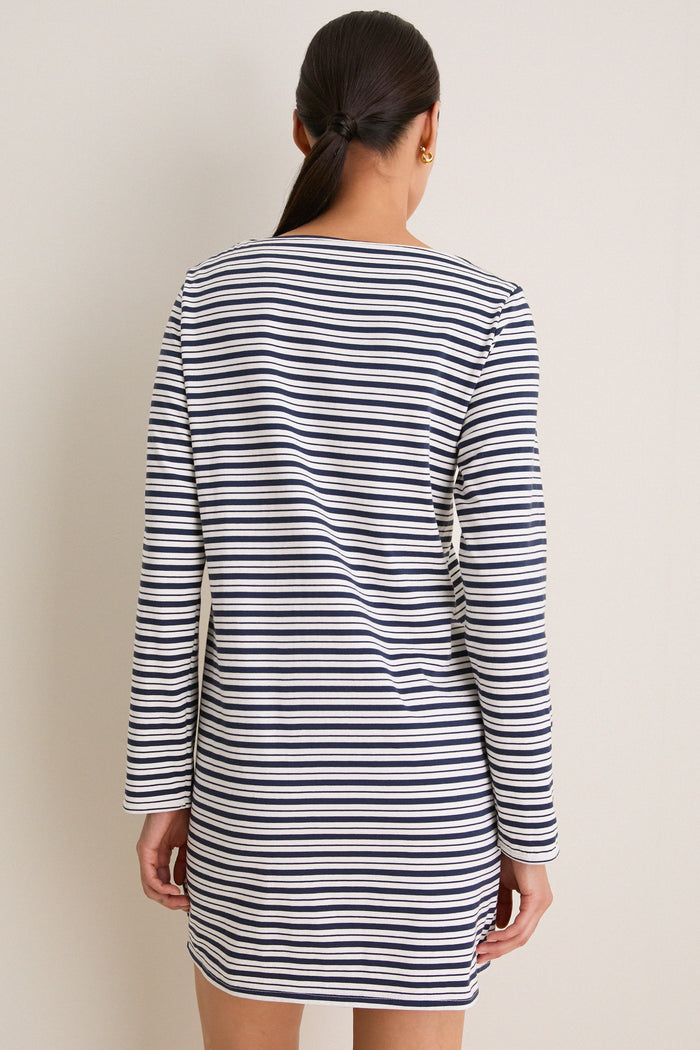 Navy Stripe Boatneck Tuzzi Mini Dress