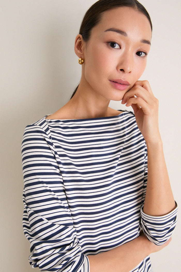 Navy Stripe Boatneck Tuzzi Mini Dress