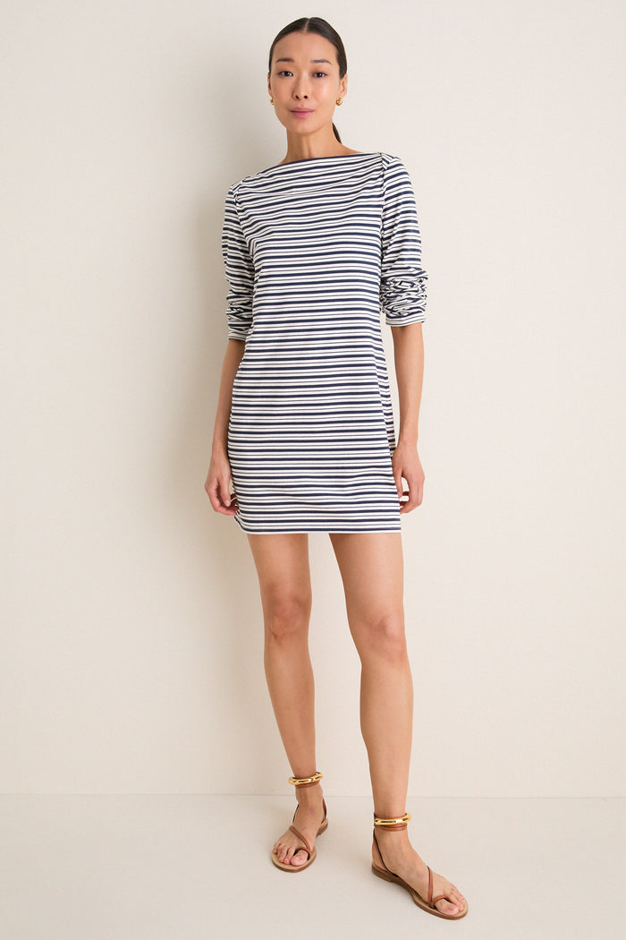 Navy Stripe Boatneck Tuzzi Mini Dress
