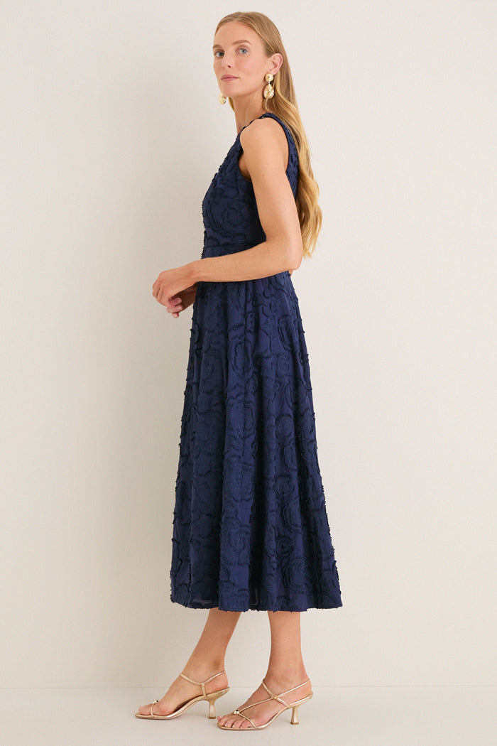 Navy Textured Rose Floral Melina Midi Dress