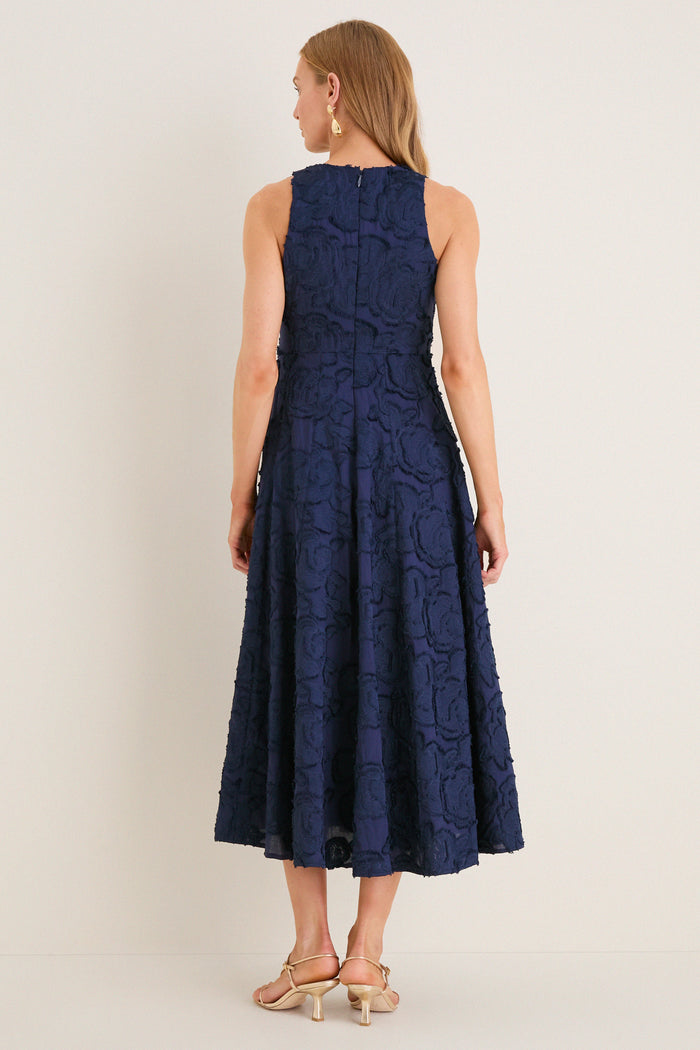 Navy Textured Rose Floral Melina Midi Dress