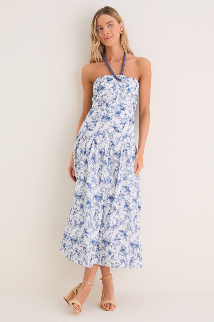 Navy Watercolor Beaded Halter Natalie Midi Dress