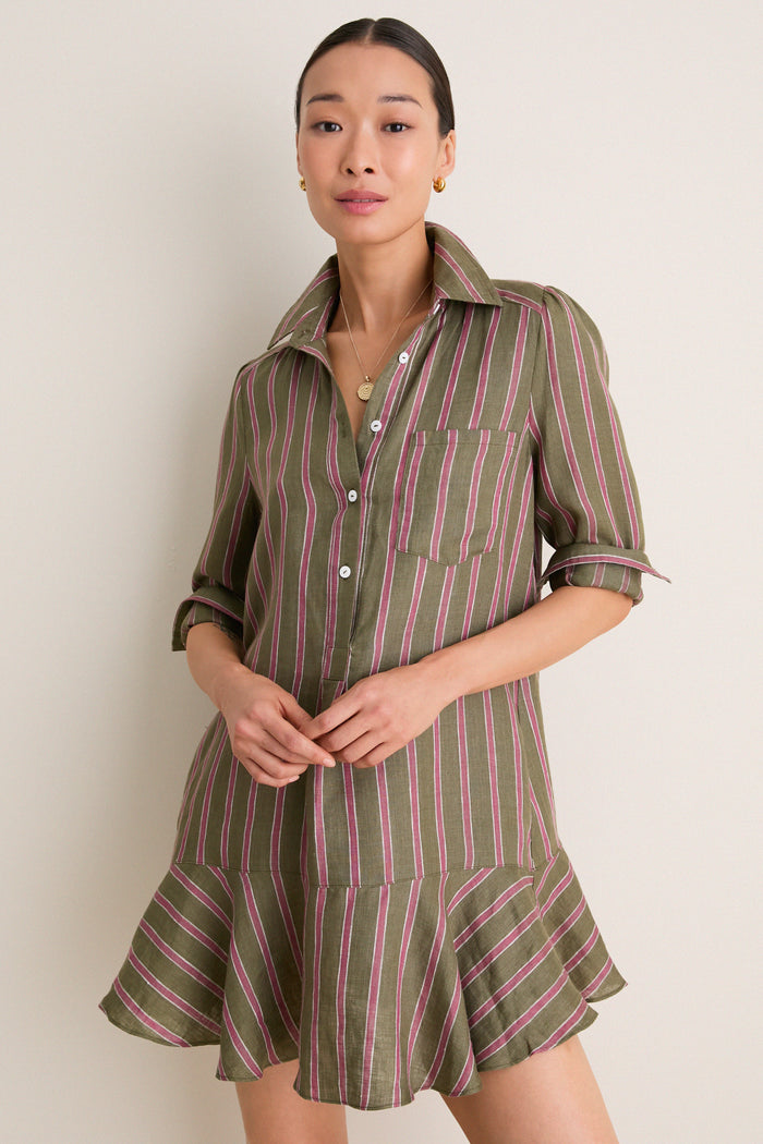 Olive and Raspberry Stripe Linen Callahan Dress