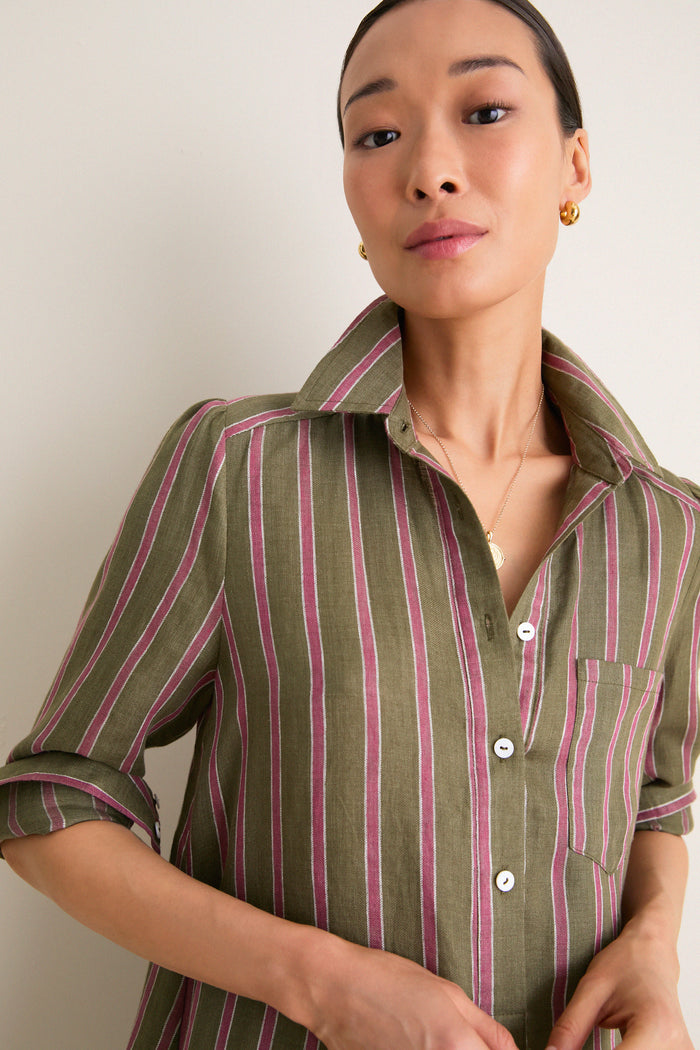 Olive and Raspberry Stripe Linen Callahan Dress